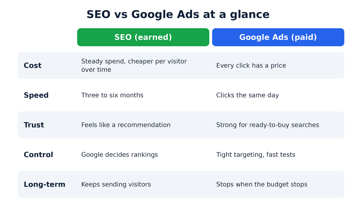 Table comparing SEO vs Google Ads on cost, speed, trust, control and long-term value